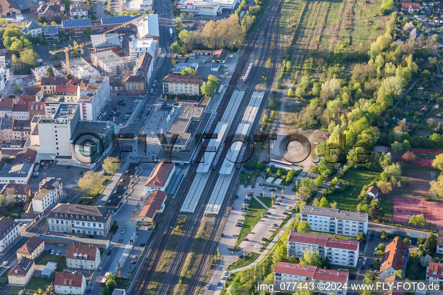 Track progress and building of the main station of the railway in Landau in der Pfalz in the state Rhineland-Palatinate, Germany