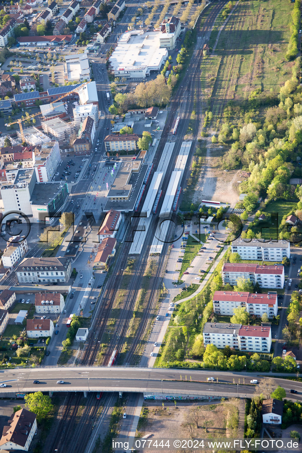 Aerial view of Railroad station in the district Queichheim in Landau in der Pfalz in the state Rhineland-Palatinate, Germany