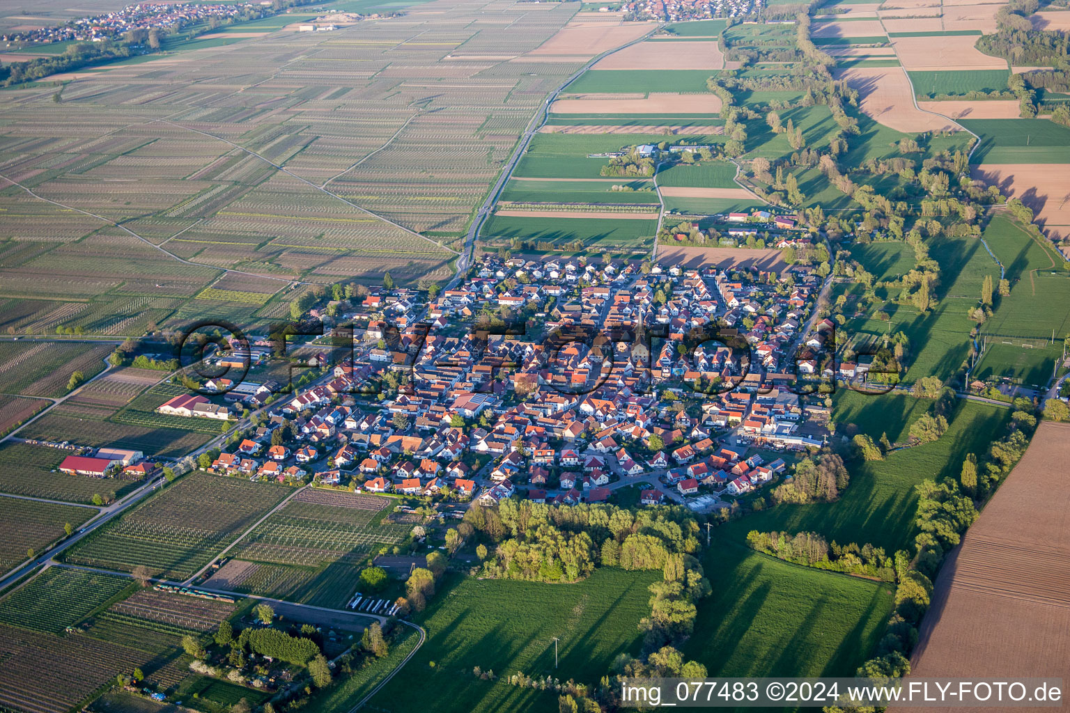 Aerial view of Village - view on the edge of agricultural fields and farmland in Venningen in the state Rhineland-Palatinate, Germany