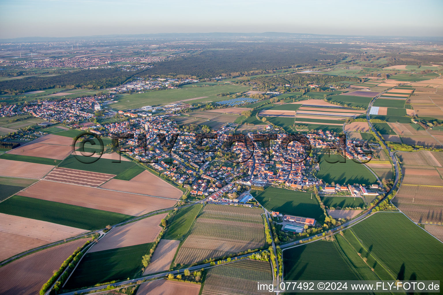 Village - view on the edge of agricultural fields and farmland in the district Lachen-Speyerdorf in Neustadt an der Weinstrasse in the state Rhineland-Palatinate, Germany