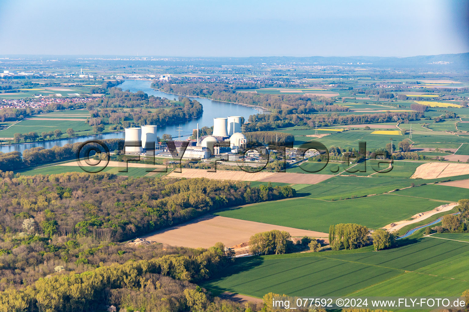 Aerial view of Building remains of the reactor units and facilities of the NPP nuclear power plant in Biblis in the state Hesse