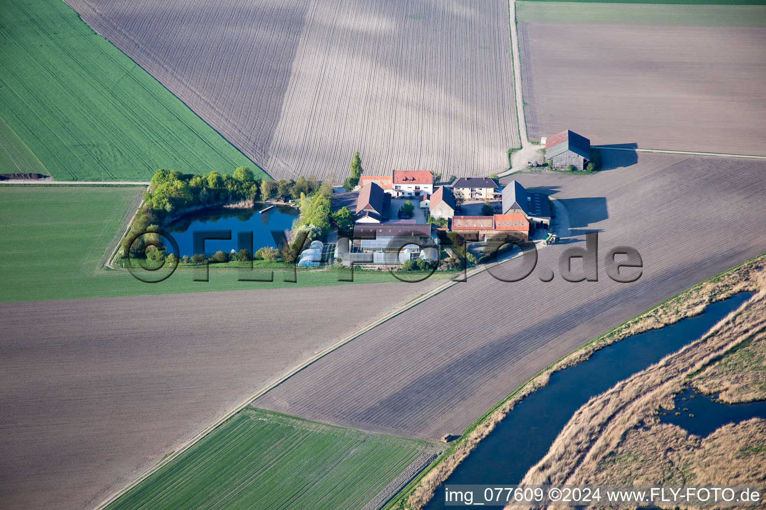 Aerial view of Mückenhäuser Hof in the district Rheindürkheim in Worms in the state Rhineland-Palatinate, Germany