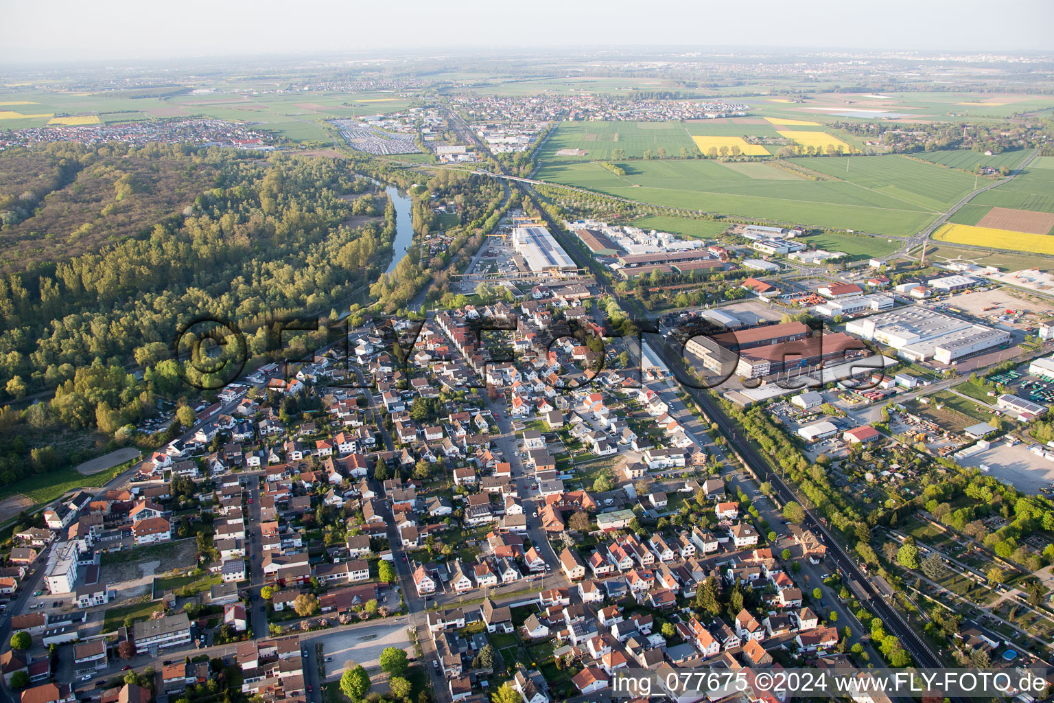 Stockstadt am Rhein in the state Hesse, Germany seen from above