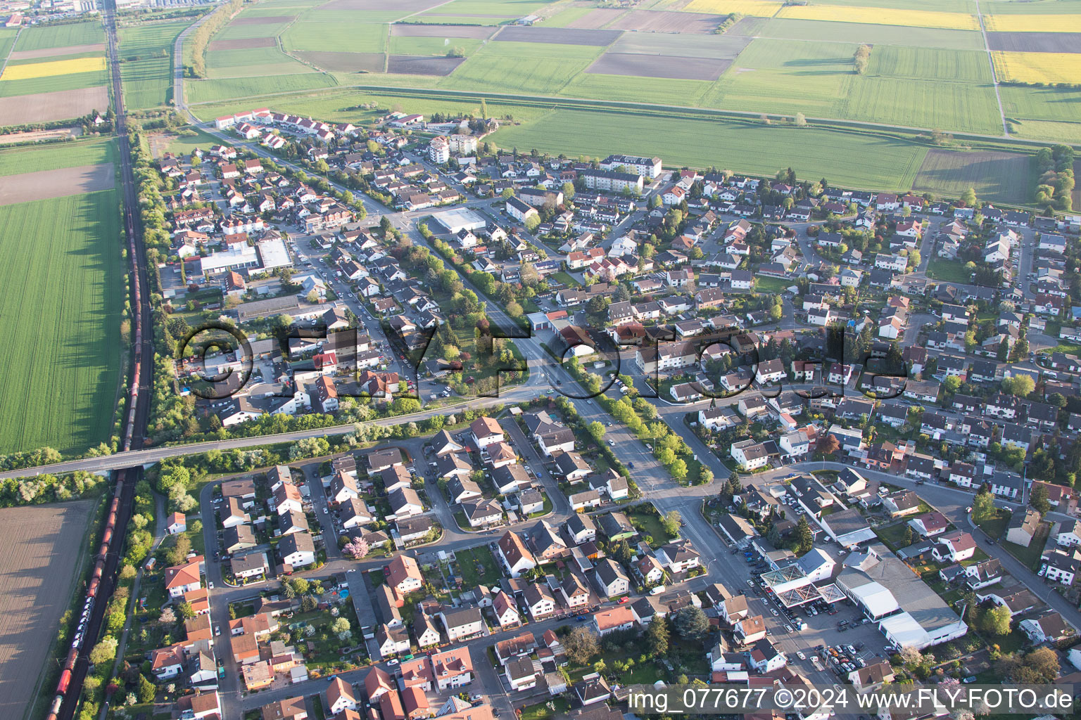 Bird's eye view of Stockstadt am Rhein in the state Hesse, Germany