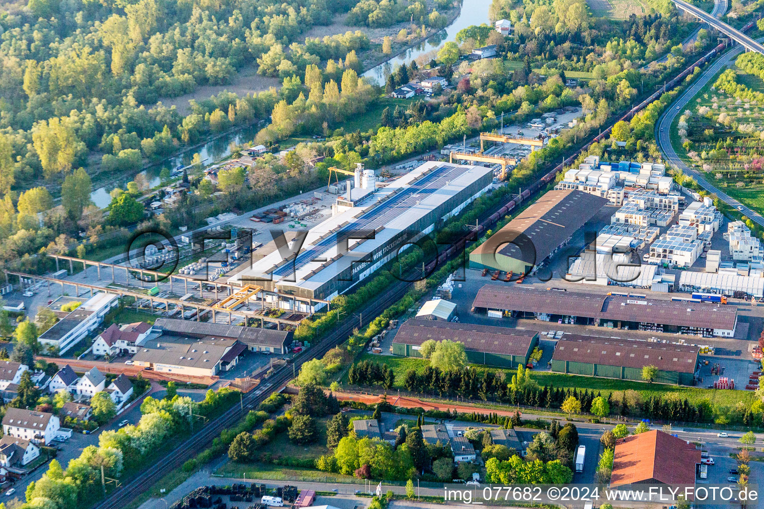 Aerial view of Building and production halls on the premises of Spannbetonwerke Finger Stockstadt GmbH & Co. KG in Stockstadt am Rhein in the state Hesse, Germany