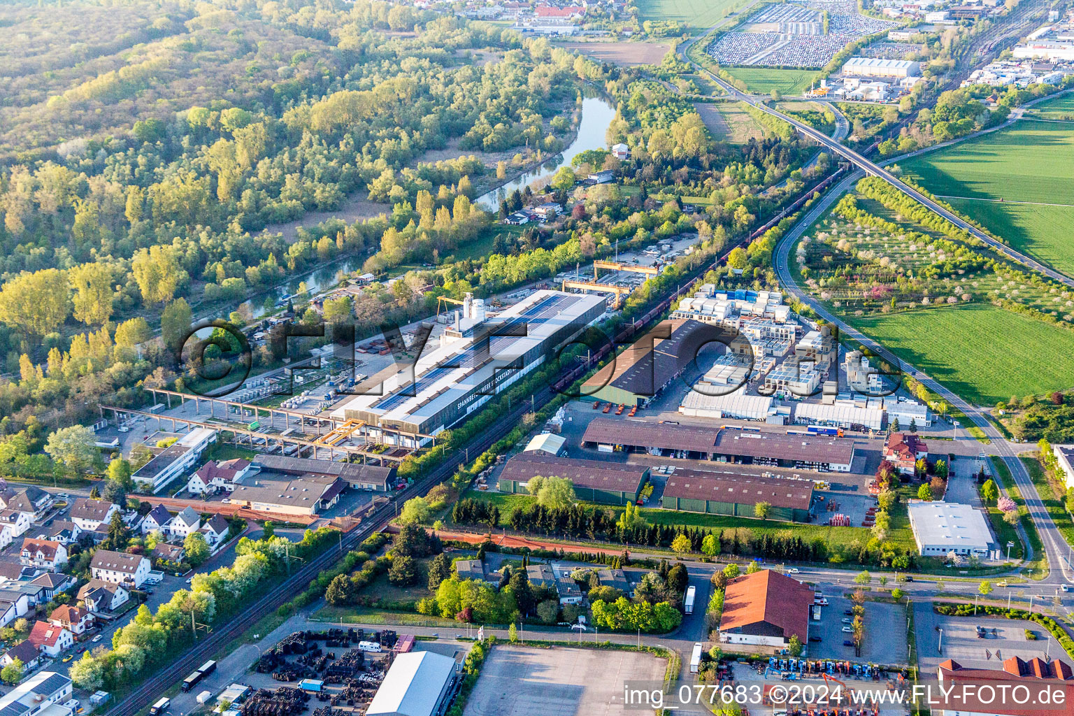 Aerial photograpy of Building and production halls on the premises of Spannbetonwerke Finger Stockstadt GmbH & Co. KG in Stockstadt am Rhein in the state Hesse, Germany