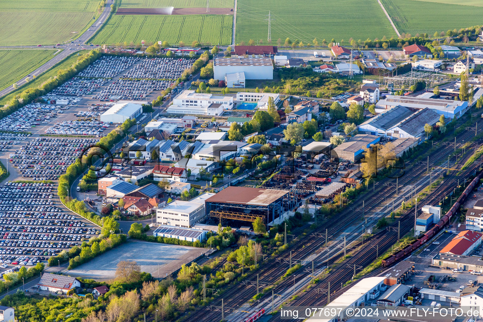 Aerial view of Parking and storage space for automobiles of ARS Altmann AG Automobillogistik - Branch Riedstadt in the district Goddelau in Riedstadt in the state Hesse, Germany