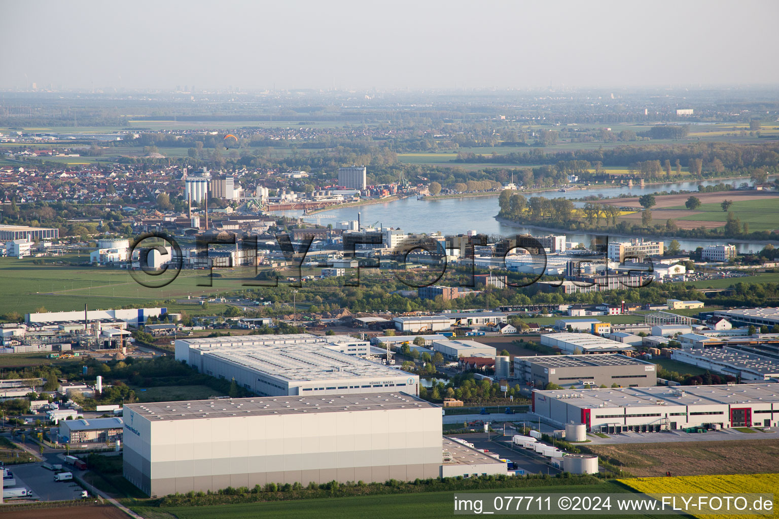 Aerial view of Biebesheim am Rhein in the state Hesse, Germany