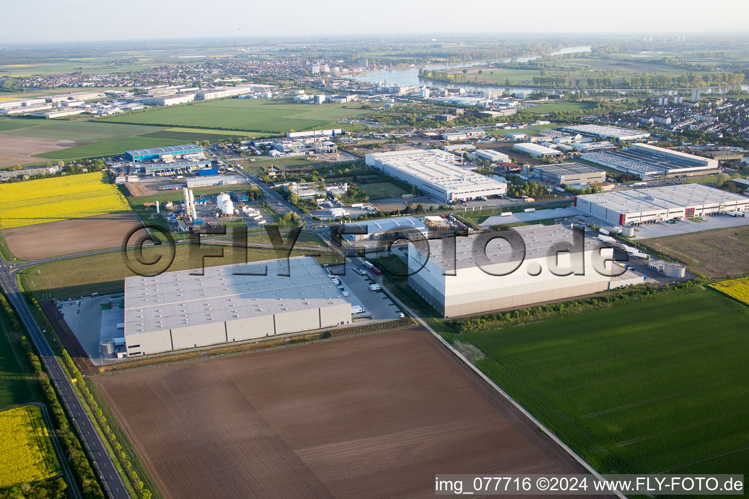 Aerial view of Industrial and commercial area NO with Grieshaber Logistic Group AG in Biebesheim am Rhein in the state Hesse, Germany