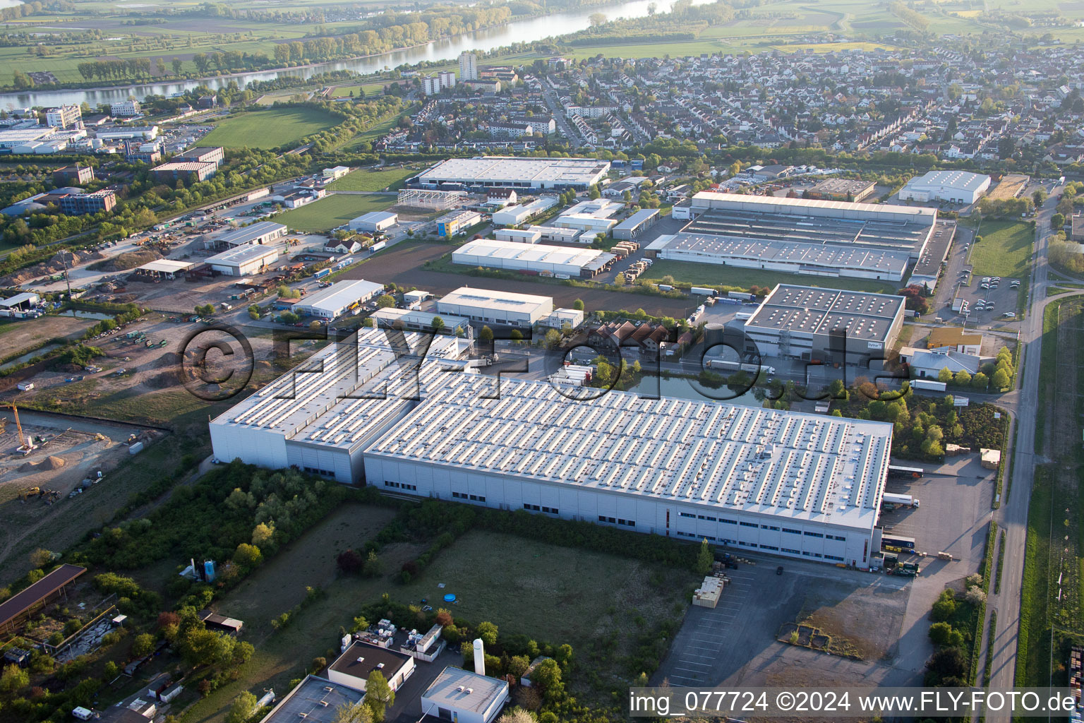 Industrial and commercial area NO with Grieshaber Logistic Group AG in Biebesheim am Rhein in the state Hesse, Germany from above