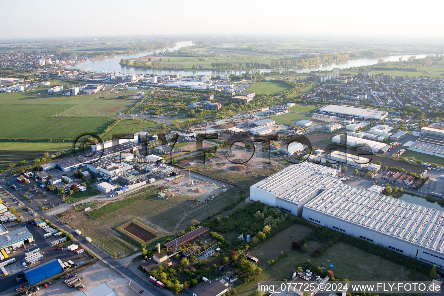 Industrial and commercial area NO with Grieshaber Logistic Group AG in Biebesheim am Rhein in the state Hesse, Germany out of the air