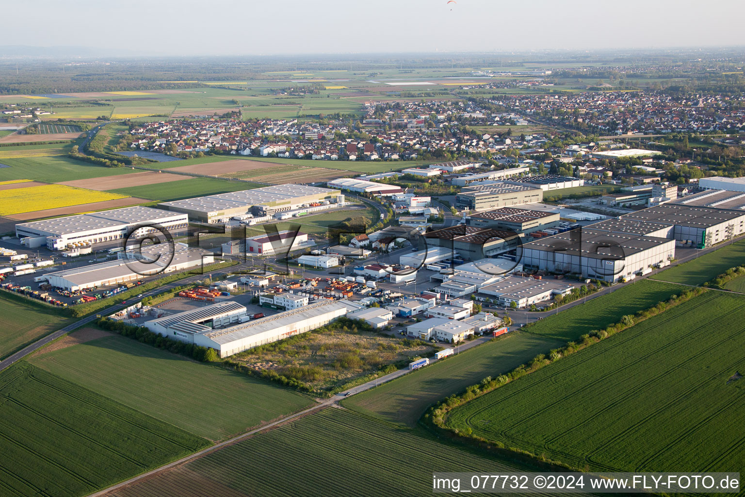 Industrial and commercial area NO with Grieshaber Logistic Group AG in Biebesheim am Rhein in the state Hesse, Germany seen from above