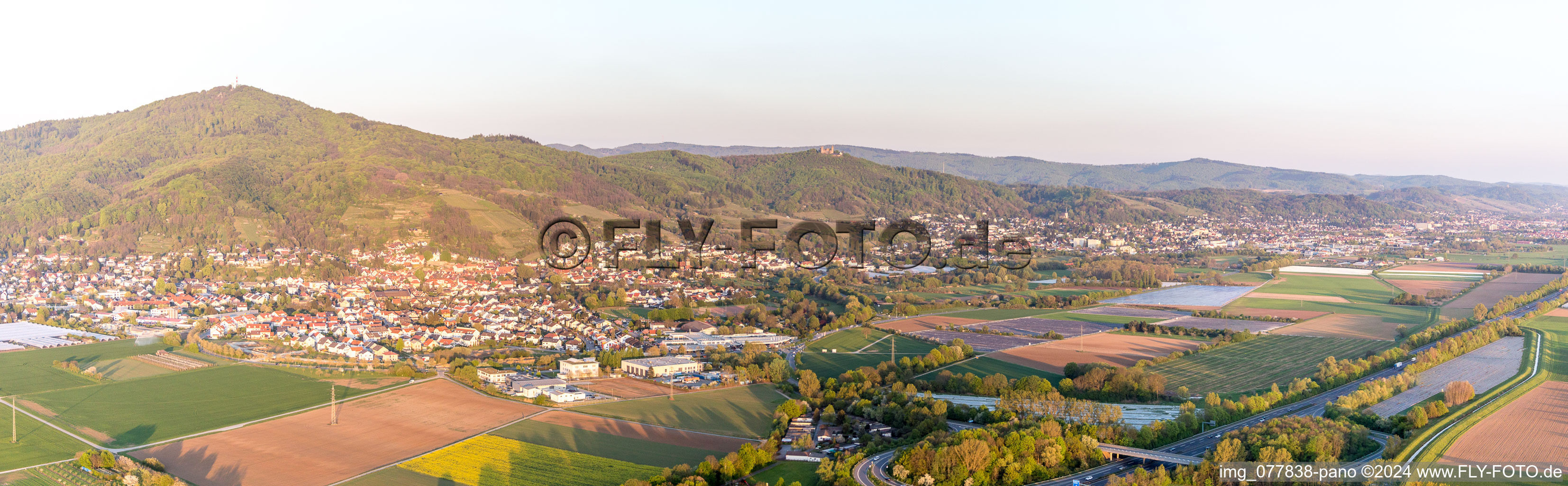 Panoramic perspective of forest and mountain scenery of Melimbokus on Rand of Odenwald in Zwingenberg in the state Hesse, Germany