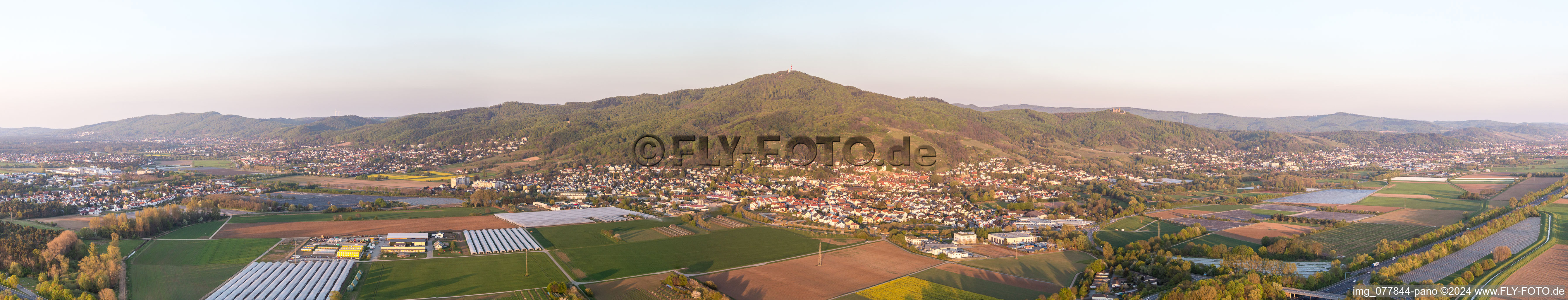 Aerial view of Panoramic perspective of forest and mountain scenery of Melimbokus on Rand of Odenwald in Zwingenberg in the state Hesse, Germany