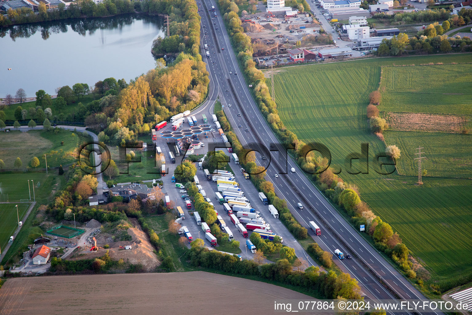 Aerial view of Motorway service area on the edge of the course of BAB highway A5 Bergstrasse in the district Auerbach in Bensheim in the state Hesse