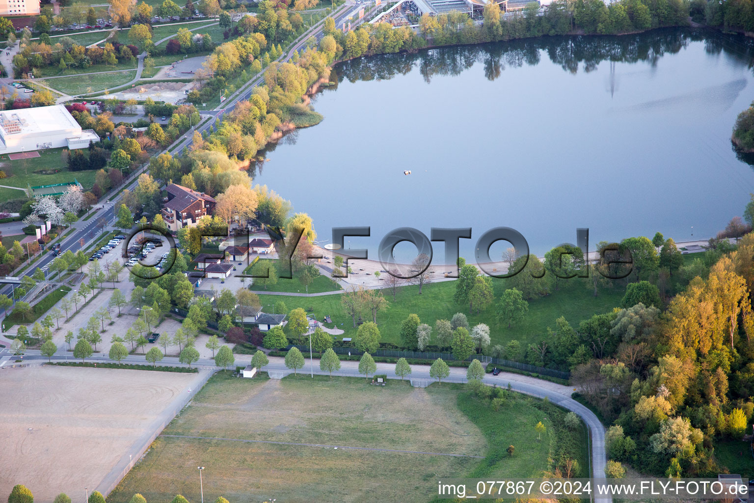 Aerial view of Sandy beach areas on the Badesee Bensheim in Bensheim in the state Hesse