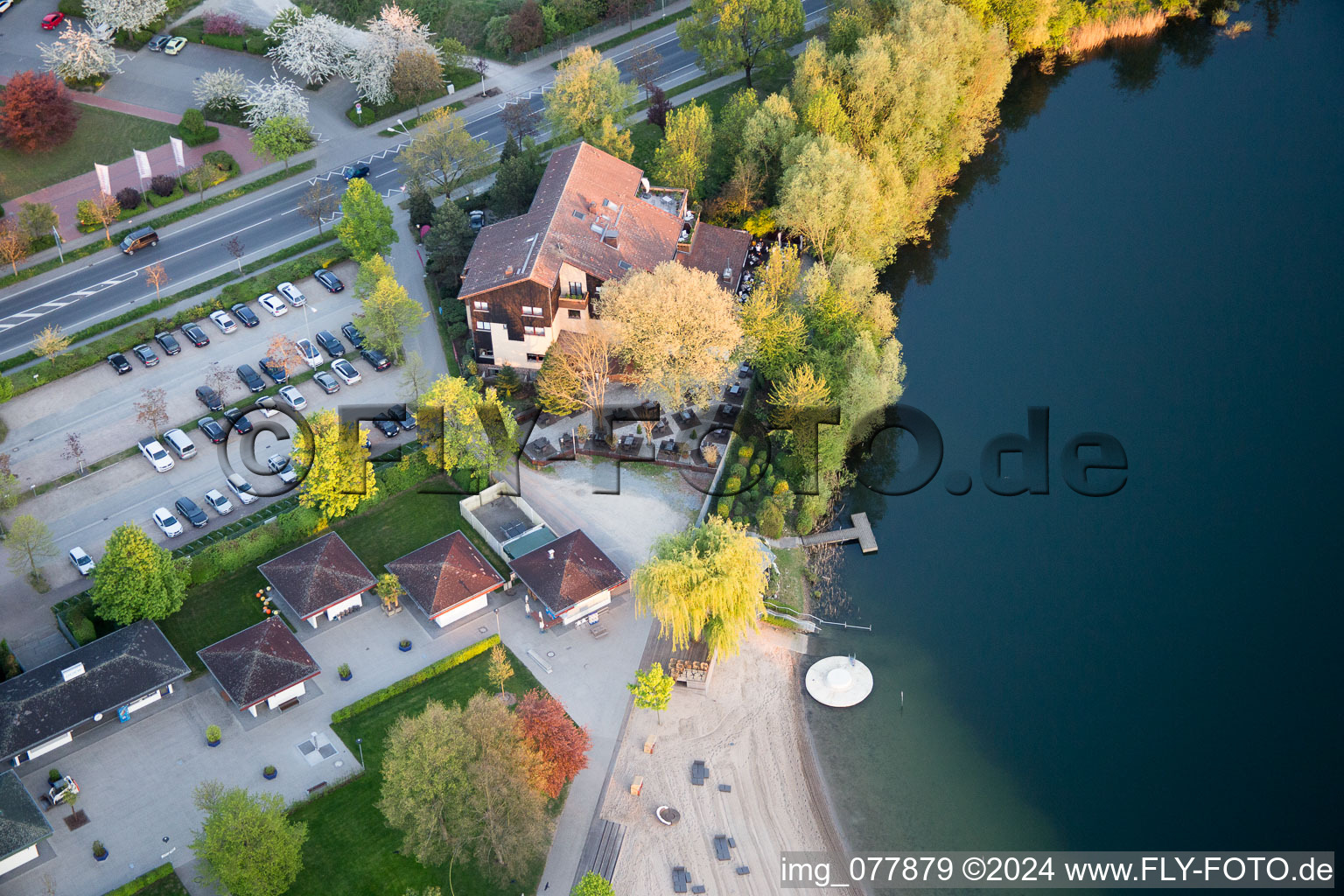 Aerial photograpy of Sandy beach areas on the Badesee Bensheim in Bensheim in the state Hesse