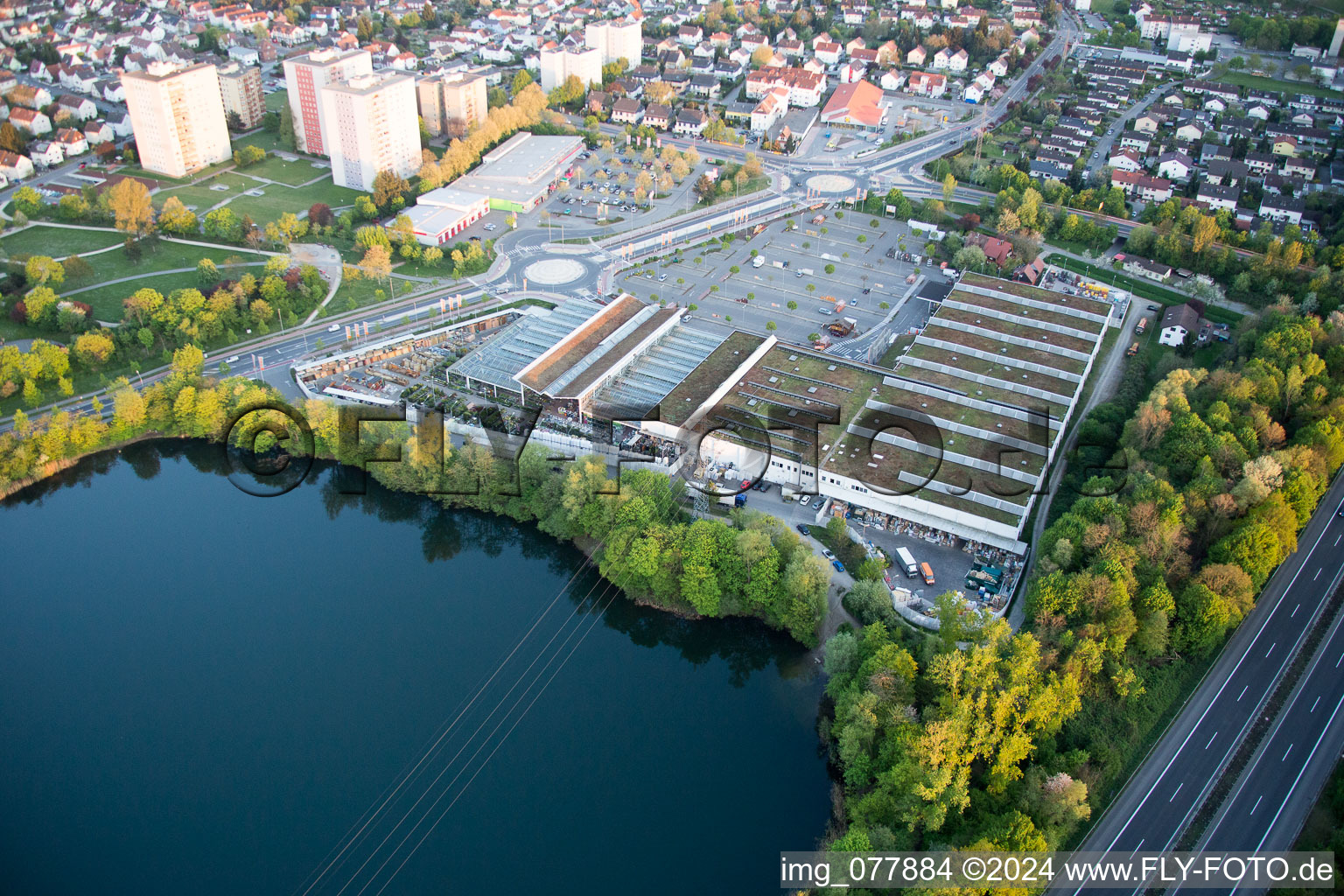 Oblique view of Sandy beach areas on the Badesee Bensheim in Bensheim in the state Hesse