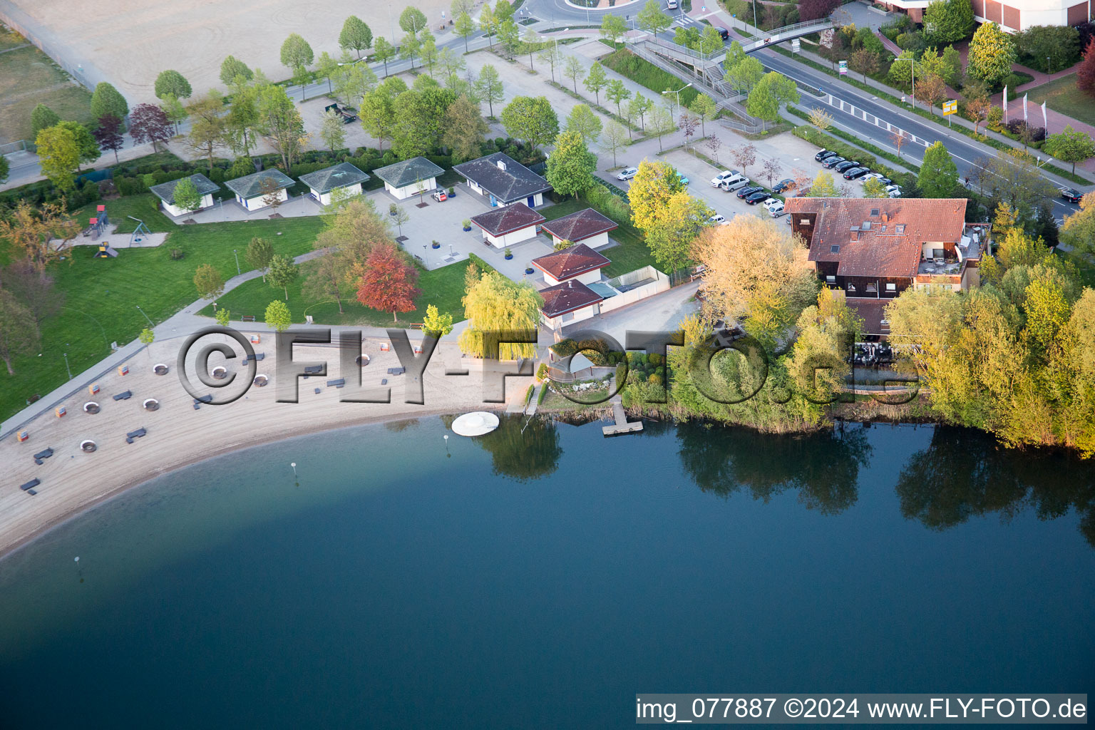 Sandy beach areas on the Badesee Bensheim in Bensheim in the state Hesse from above