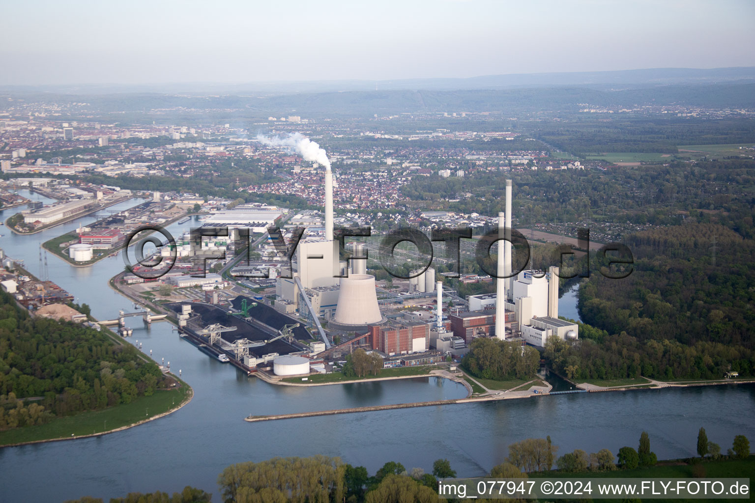 Aerial view of ENBW in the district Rheinhafen in Karlsruhe in the state Baden-Wuerttemberg, Germany