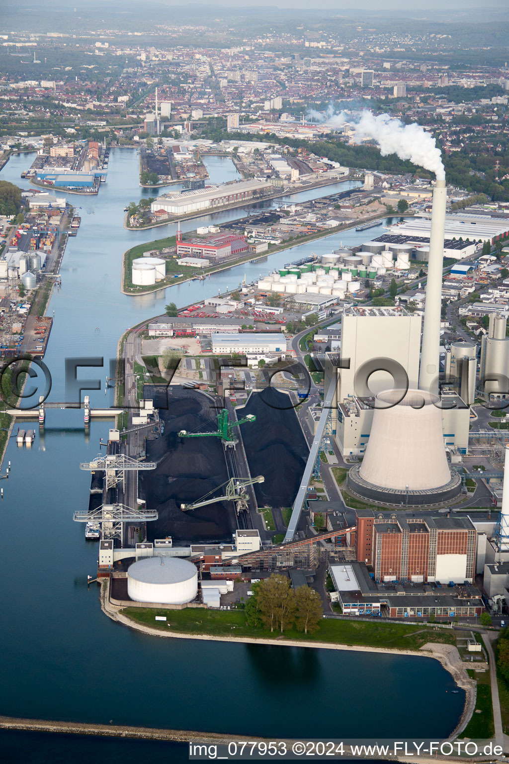 Aerial photograpy of ENBW in the district Rheinhafen in Karlsruhe in the state Baden-Wuerttemberg, Germany