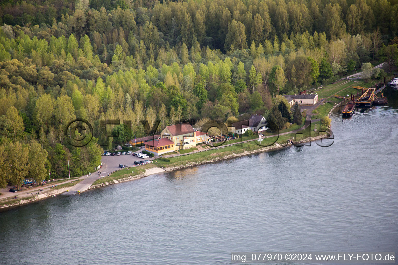 Aerial view of Old customs house on the Auer Altrhein in Au am Rhein in the state Baden-Wuerttemberg, Germany