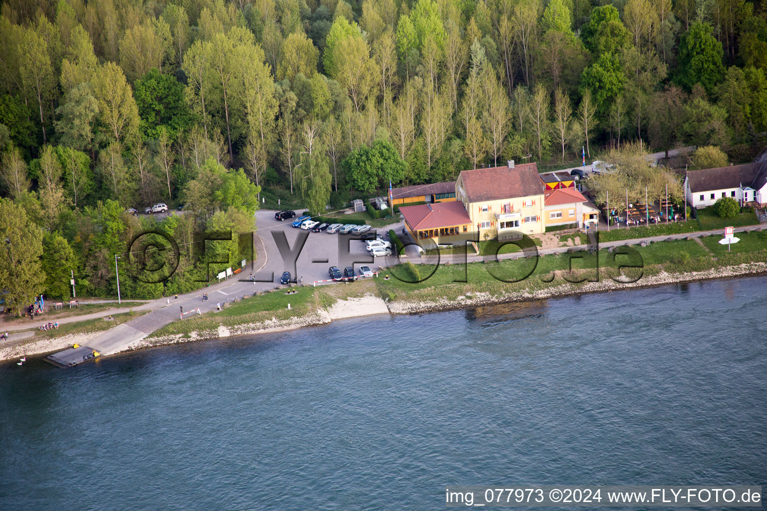 Aerial photograpy of Old customs house on the Auer Altrhein in Au am Rhein in the state Baden-Wuerttemberg, Germany
