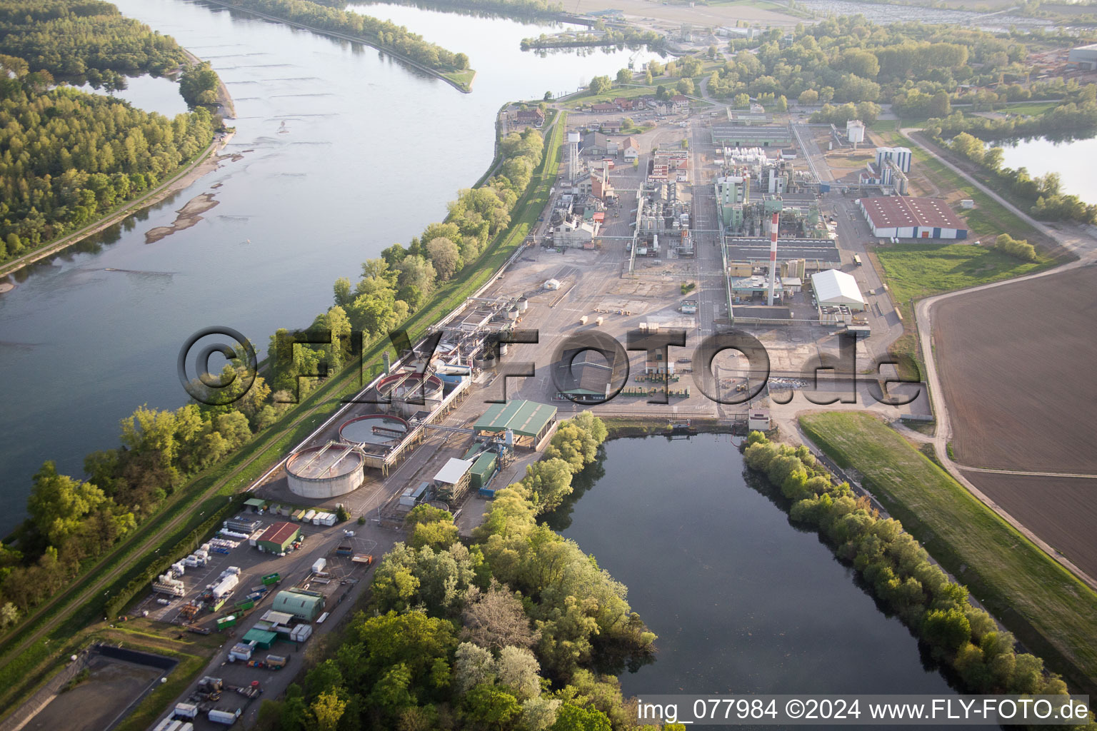 Aerial view of Industry on the Rhine in Lauterbourg in the state Bas-Rhin, France