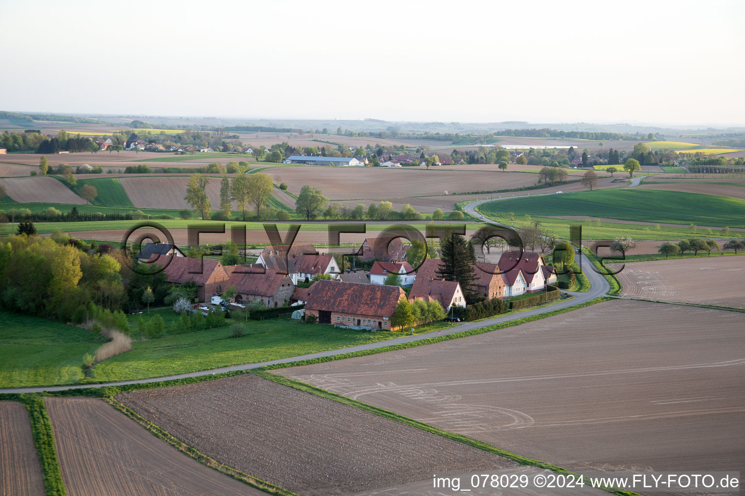 Aerial view of Frohnackerhof in Schleithal in the state Bas-Rhin, France