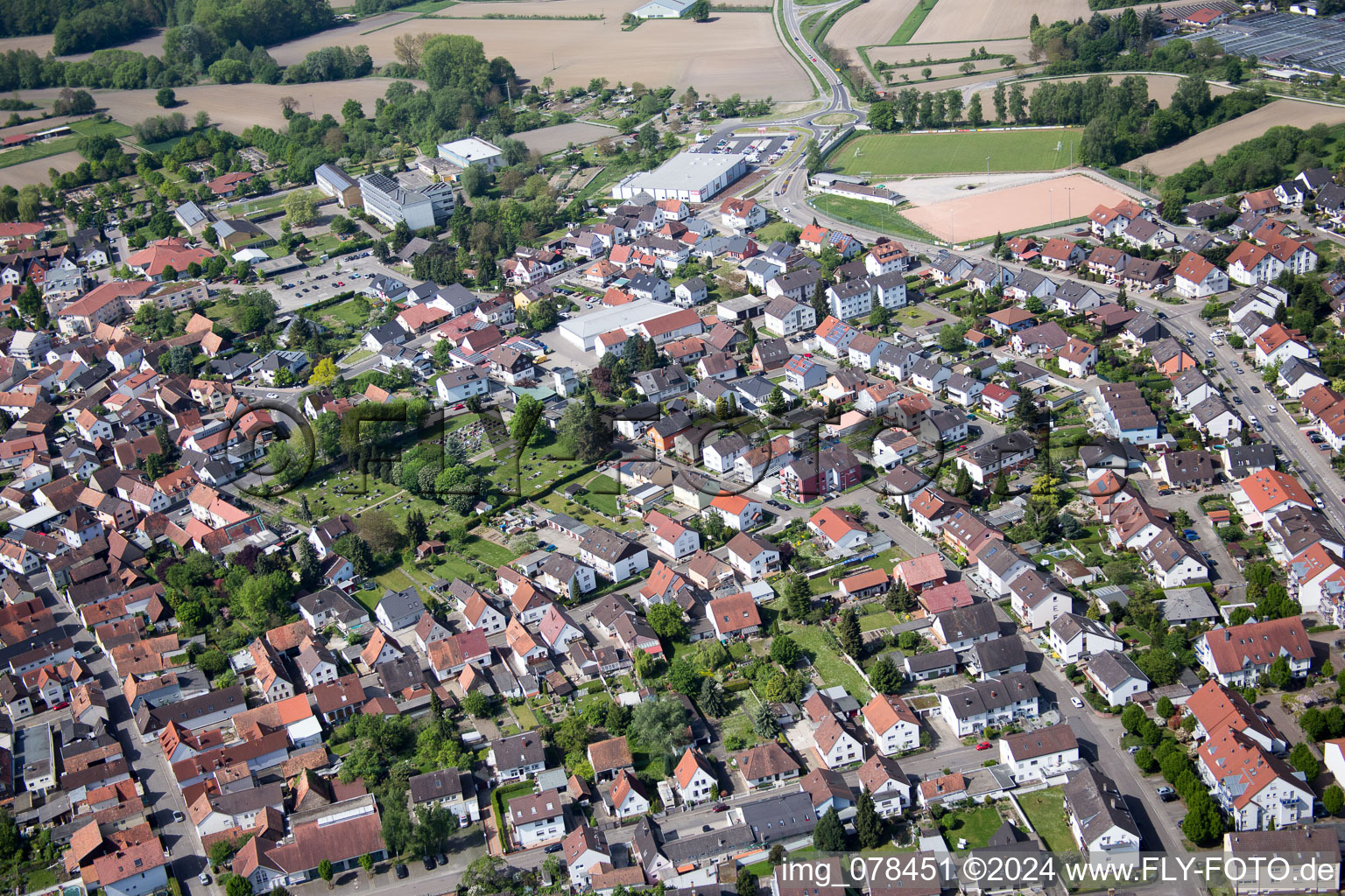 Aerial view of Hagenbach in the state Rhineland-Palatinate, Germany