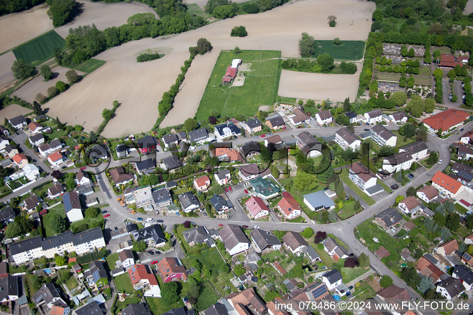 Aerial view of Hagenbach in the state Rhineland-Palatinate, Germany