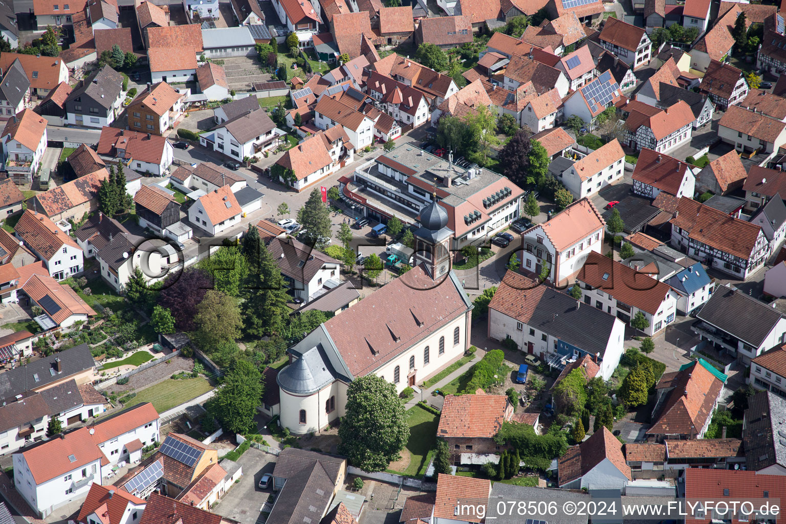 Aerial view of Church building in the village of in Hagenbach in the state Rhineland-Palatinate, Germany
