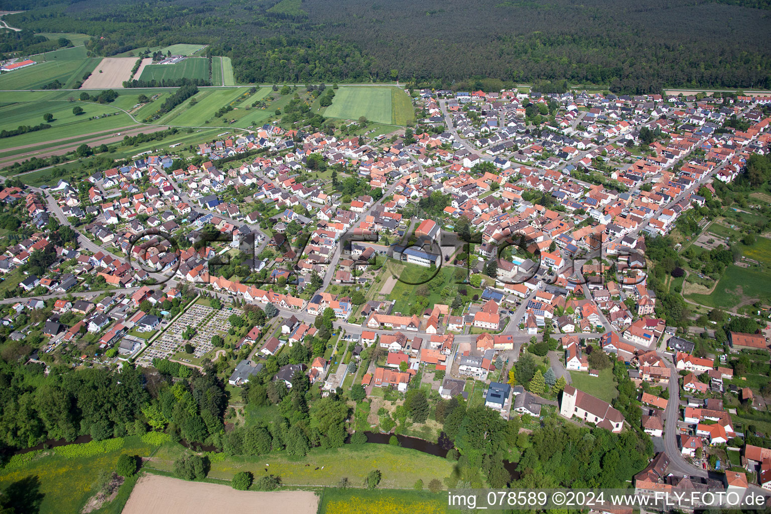 Aerial view of Village view in Berg (Pfalz) in the state Rhineland-Palatinate