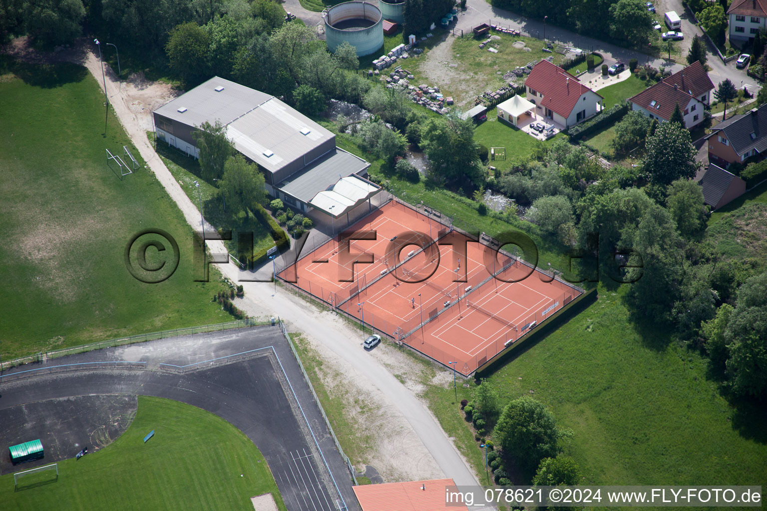 Aerial view of Sports fields in Lauterbourg in the state Bas-Rhin, France