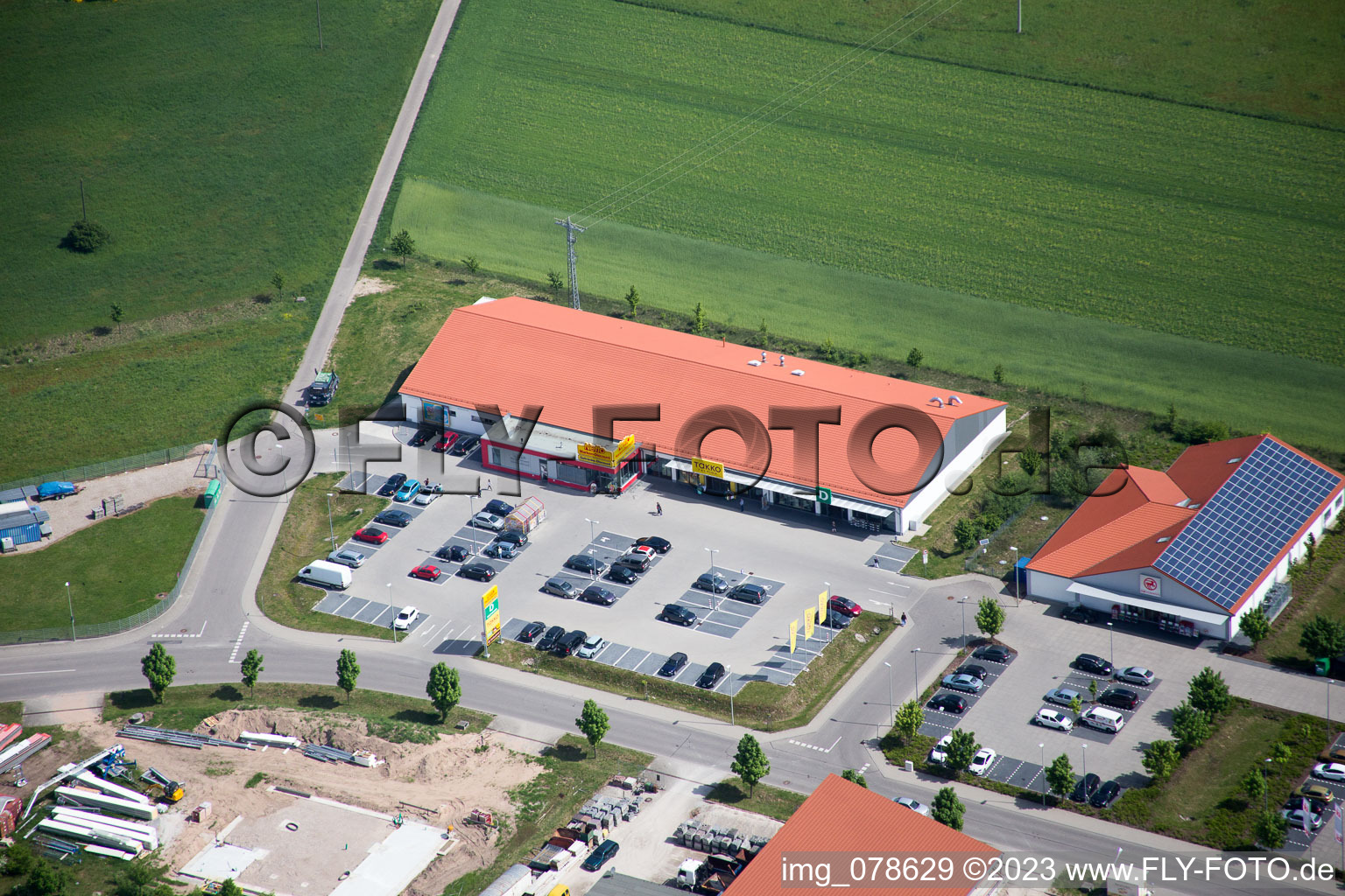 Aerial view of Shopping centers in Neulauterburg in the state Rhineland-Palatinate, Germany