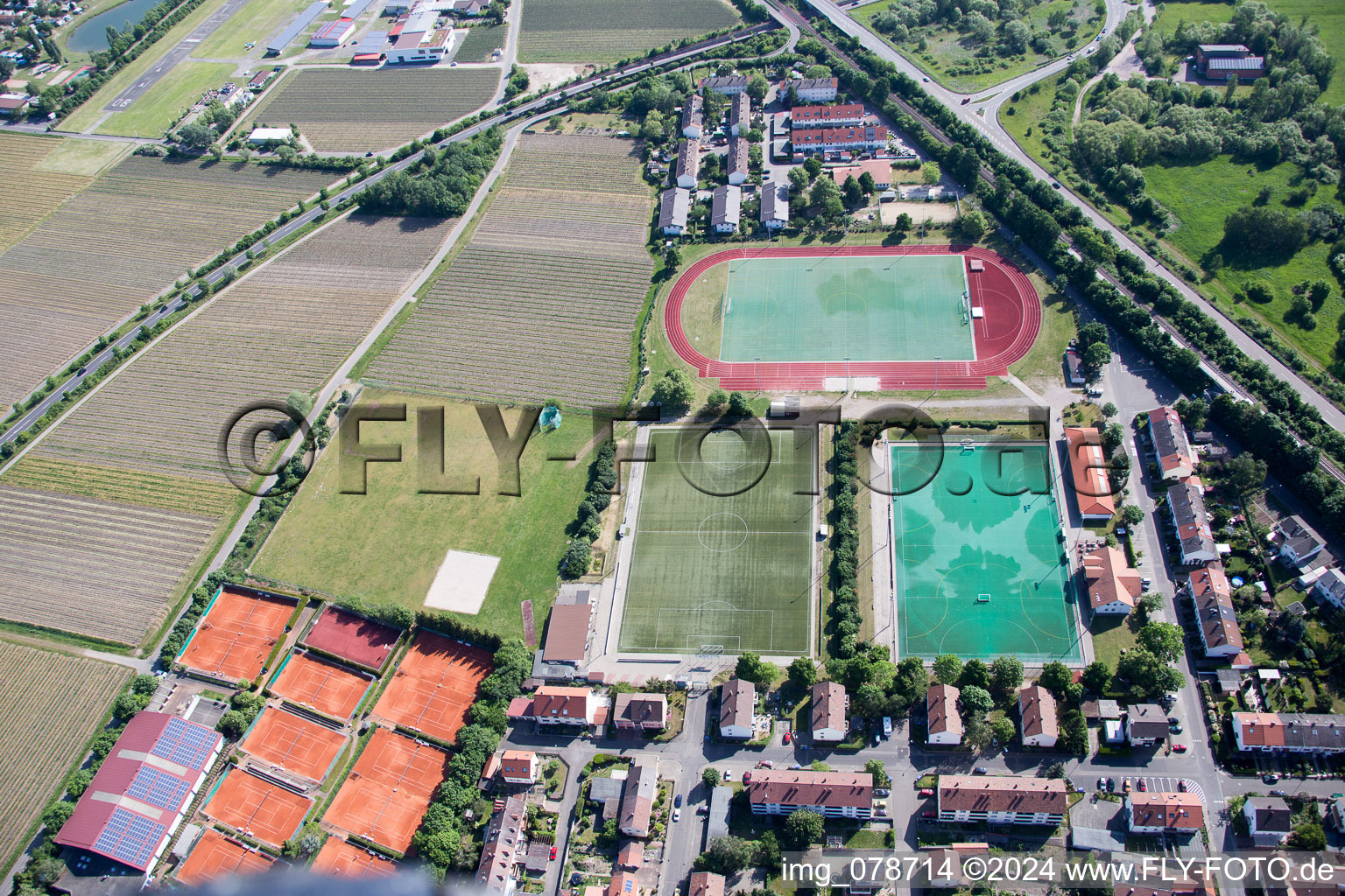 Aerial view of Trift, sports fields in Bad Dürkheim in the state Rhineland-Palatinate, Germany