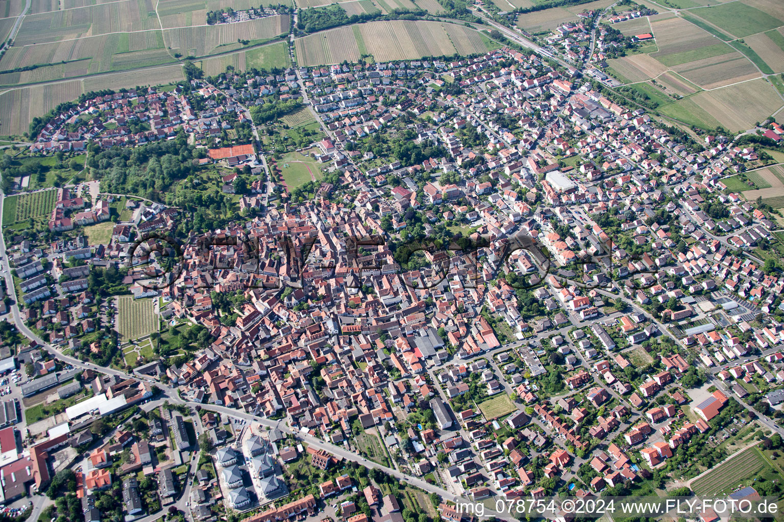 Aerial view of Town View of the streets and houses of the residential areas in Freinsheim in the state Rhineland-Palatinate, Germany
