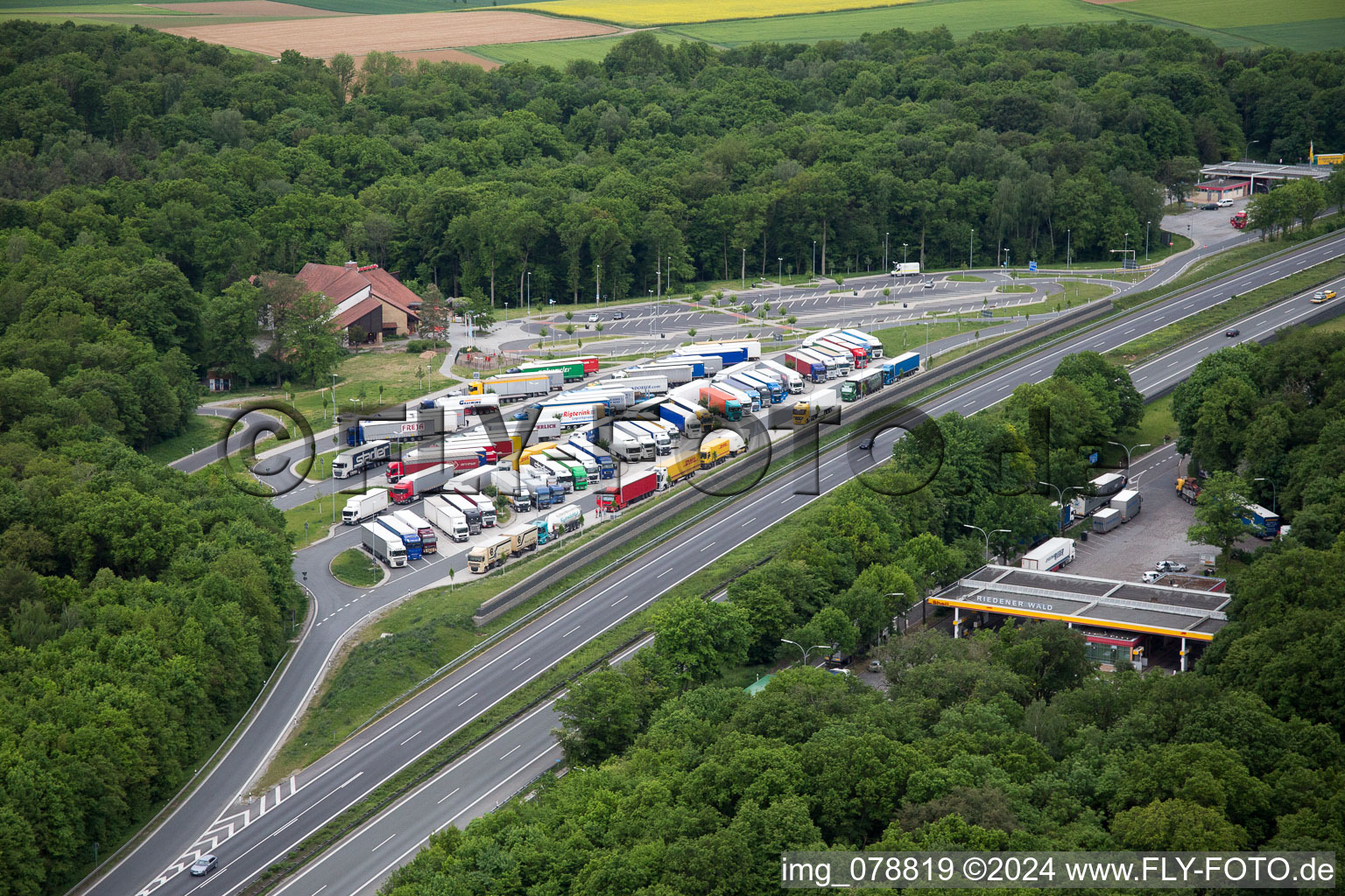 Routing and traffic lanes during the motorway service station and parking lot of the BAB A 7 Riedener Wald Ost in Hausen in the state Bavaria