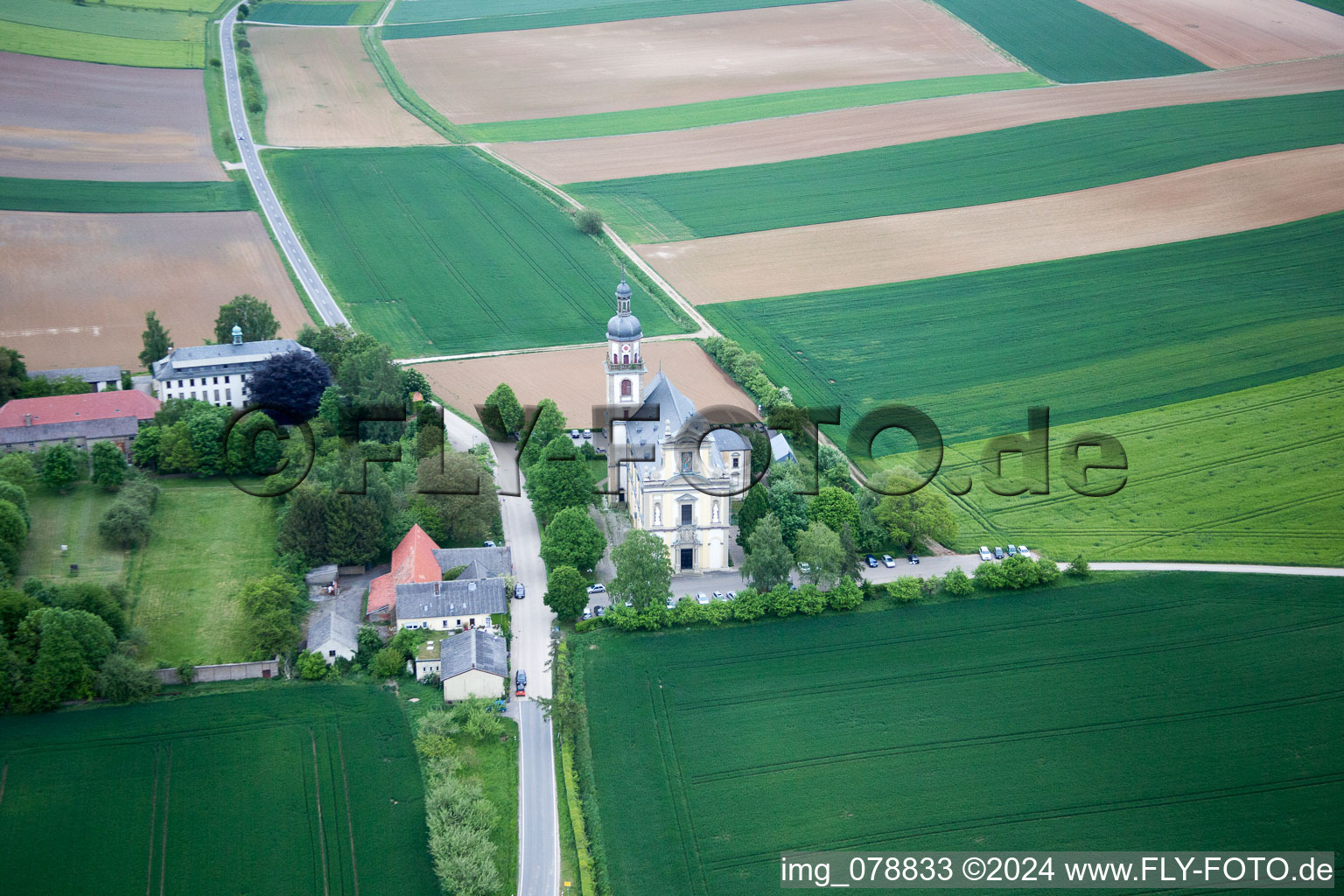 Aerial view of Fährbrück, pilgrimage church in the district Hausen in Hausen bei Würzburg in the state Bavaria, Germany