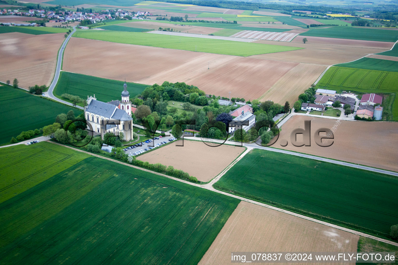 Fährbrück, pilgrimage church in the district Hausen in Hausen bei Würzburg in the state Bavaria, Germany from above