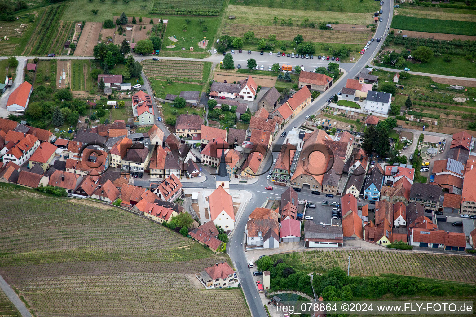 Aerial view of District Escherndorf in Volkach in the state Bavaria, Germany