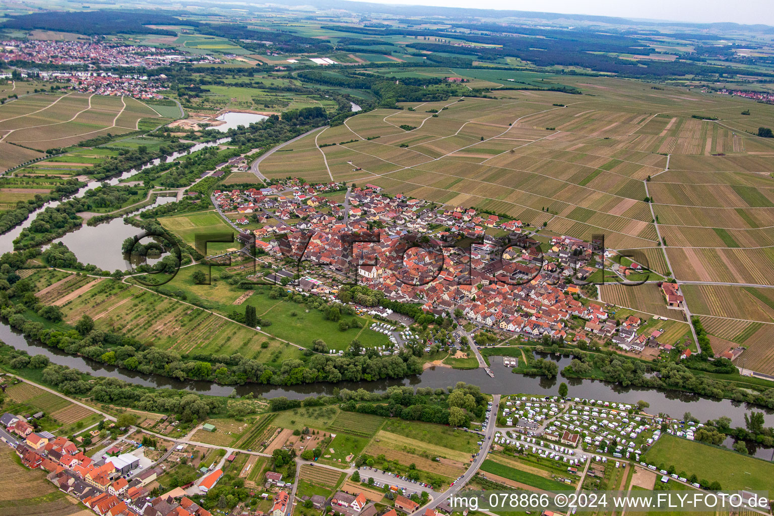 Aerial view of Wine town on the Main river in the district Fahr in Volkach in the state Bavaria, Germany