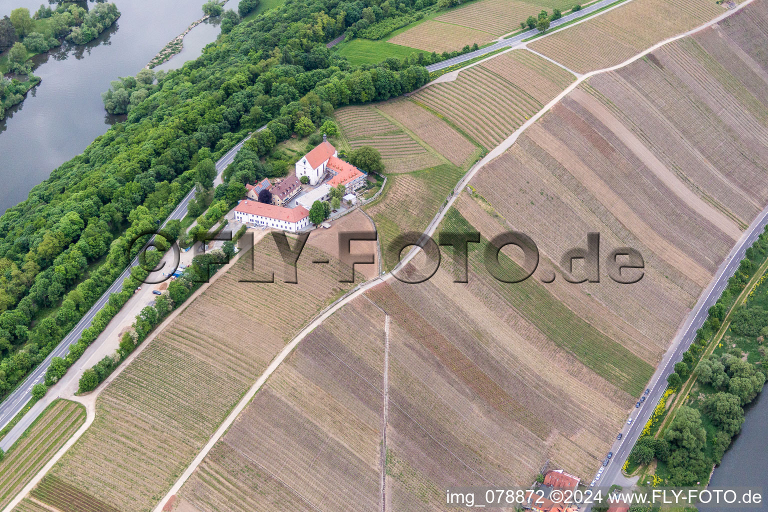 Fields of wine cultivation landscape Mainhang at the Vogelsburg in the district Escherndorf in Volkach in the state Bavaria, Germany