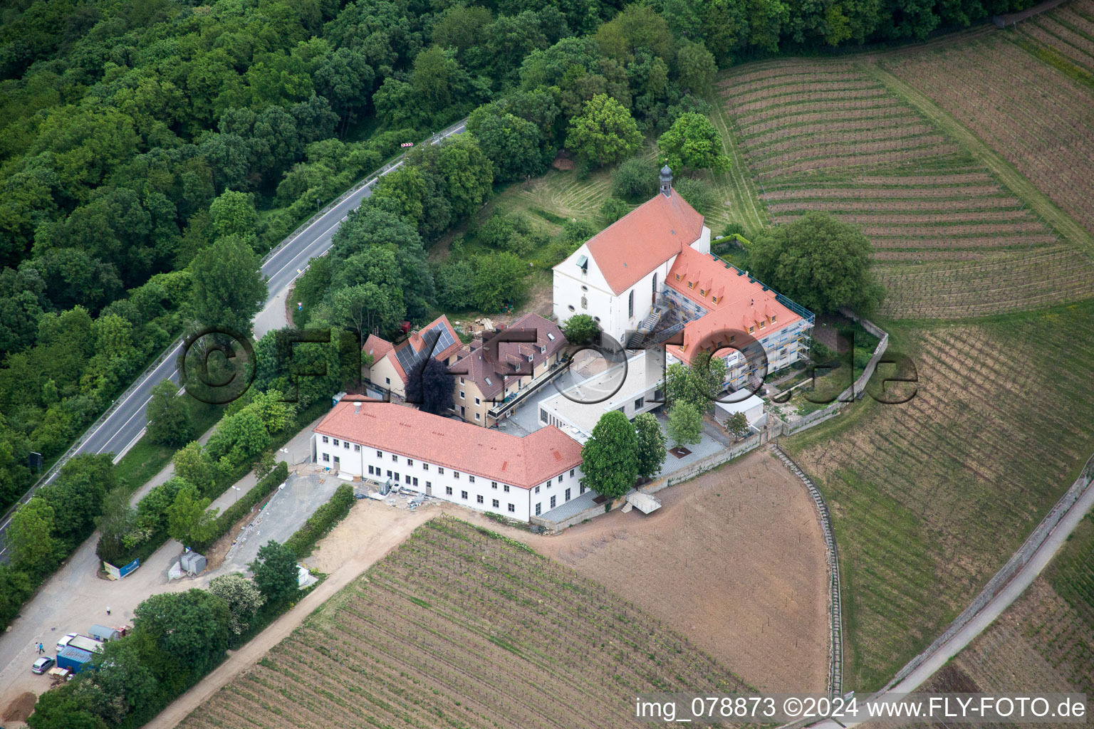 Aerial view of Vogelsburg in the district Escherndorf in Volkach in the state Bavaria, Germany