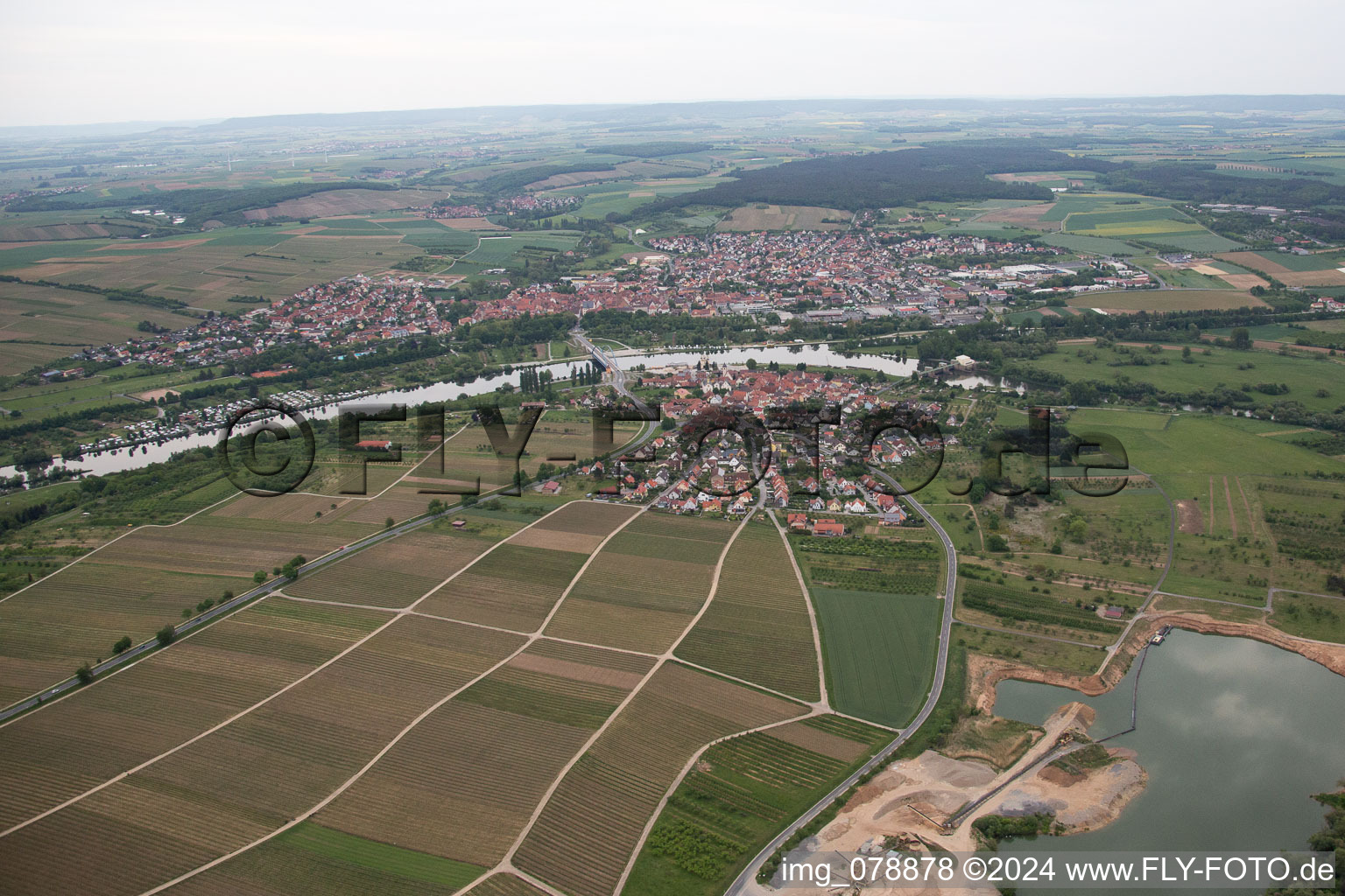 Aerial photograpy of From the west in the district Astheim in Volkach in the state Bavaria, Germany