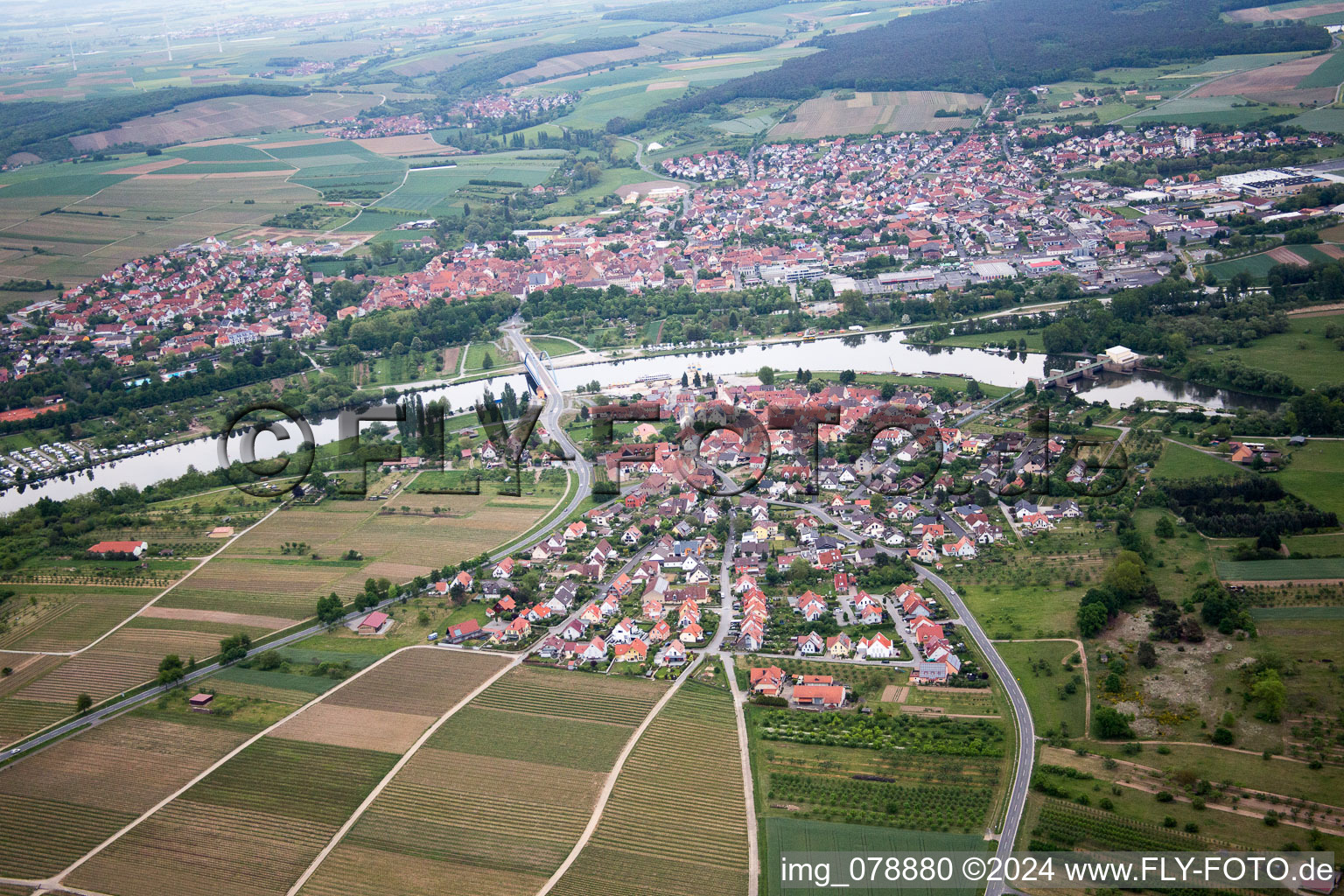 From the west in the district Astheim in Volkach in the state Bavaria, Germany from above