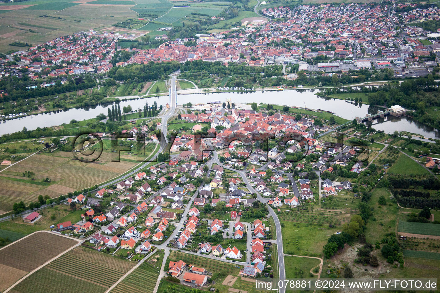 From the west in the district Astheim in Volkach in the state Bavaria, Germany out of the air