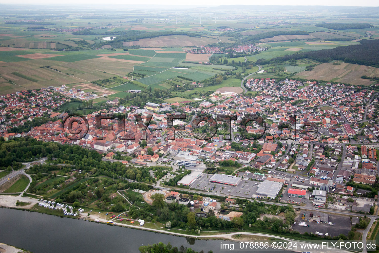 Aerial view of Volkach in the state Bavaria, Germany