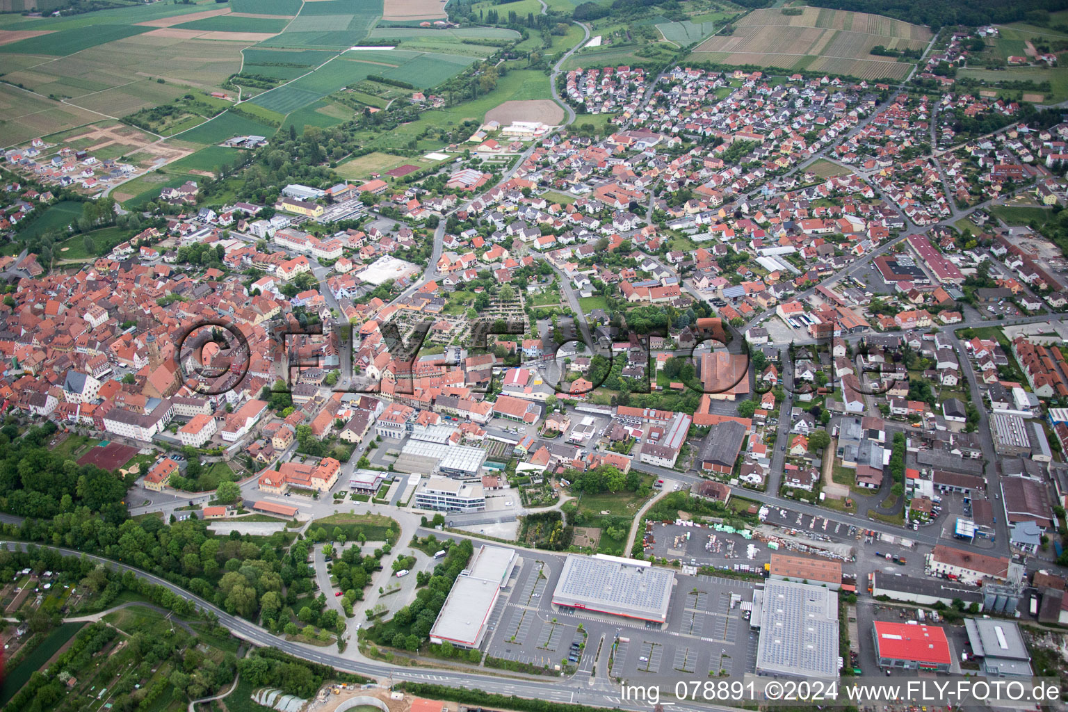 Oblique view of Volkach in the state Bavaria, Germany