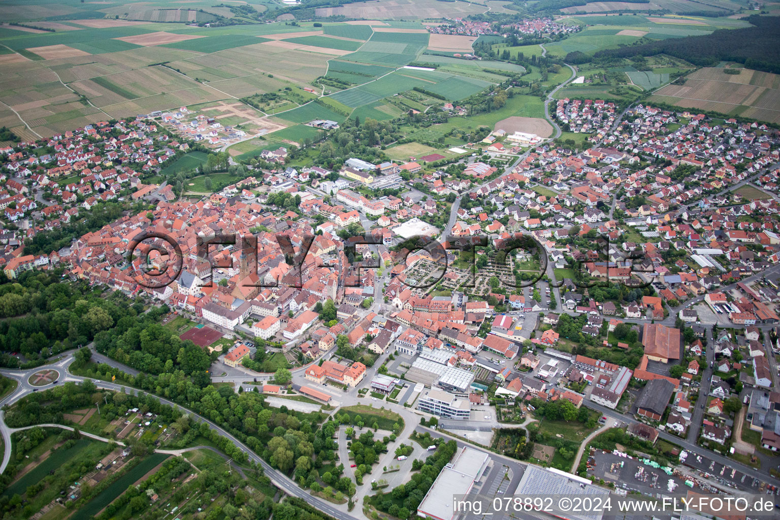 Volkach in the state Bavaria, Germany from above